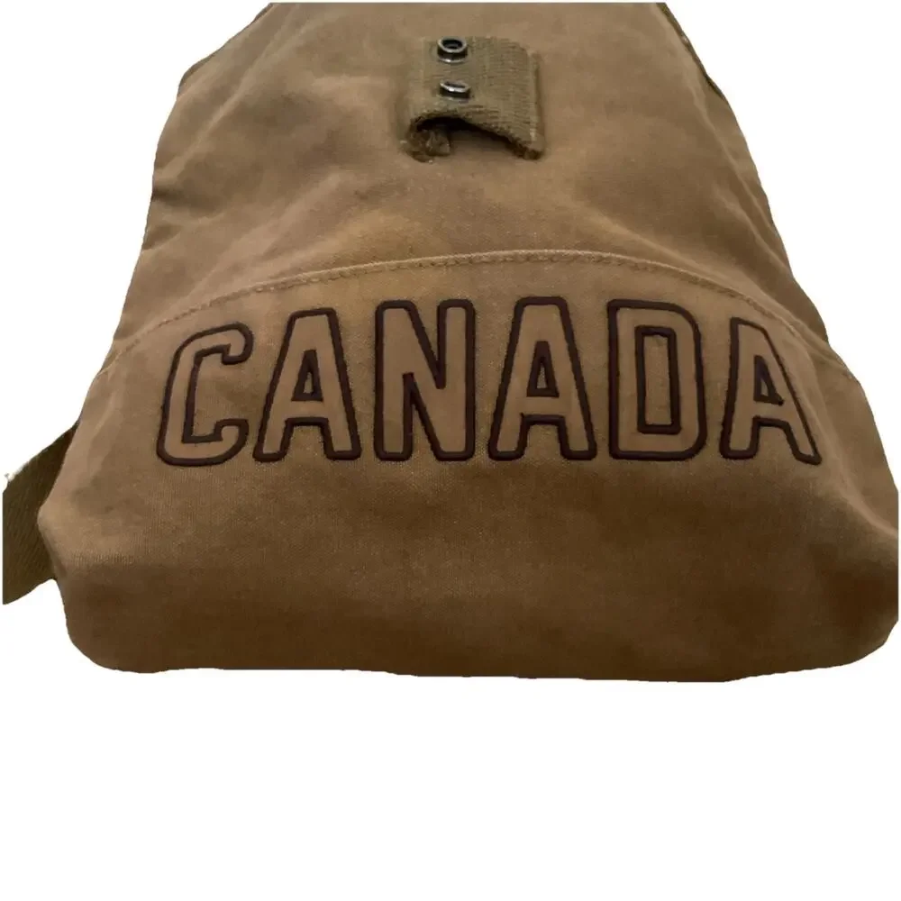 Roots Canada Brown Canvas Crossbody Shoulder Bag Maple Leaf Logo Flap Casual